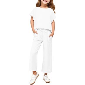 Girls 2 Piece Outfits Cap Sleeve Tops Long Wide Leg Pants Set Sweatsuits 5-14 Years