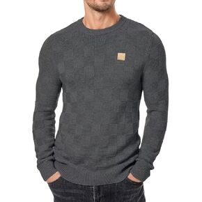 Mens Sweater Crewneck Checkered Knitted Pullover Slim Fit Long Sleeve Casual Sweater