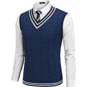 COOFANDY Men's Sweater Vest V Neck Casual Sleeveless Pullover Striped Cable Knit Sweater Vest