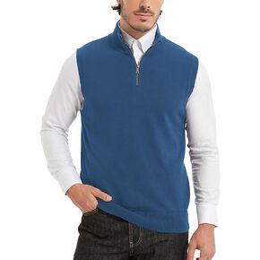 Kallspin Men’s Pure Cotton Quarter Zipper Sweater Vest V-Neck Lightweight Sleeveless Knitted Pullover