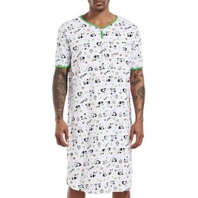Men's Cotton Short Sleeves Cute Panda Print Sleep Shirt Loose Nightgown Oversized Nightshirt