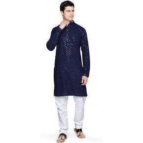 Maple Clothing Sequined Indian Cotton Men's Kurta Pajama Chikankari Embroidered