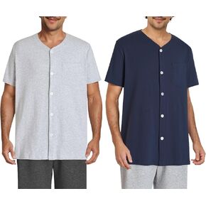 Esenchel Men's Button Up Pajama Shirt Cotton Sleep Top 2 Pack