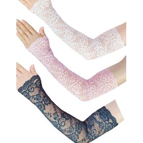 3 Pairs Women Lace Arm Sleeves Long Lace Gloves Fingerless Arm Covers Warmers Black White Pink