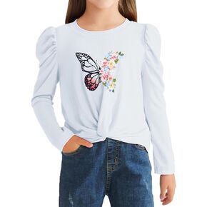 Girls Puff Long Sleeve Shirts Twist Front Lightweight T Shirt Kids Stylish Fall Tops Tee Blouse for Girls