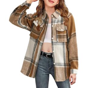 Girls Flannel Plaid Jacket Western Shirt with Pockets Button Down Top Kids Long Sleeve Collared Blouses for 4-12 Y
