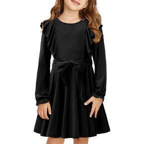 Yoklass Girls Dress Casual Long Sleeve Ruffle Elegant Flowy Dresses with Belt 4-13 Years