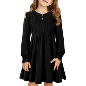 Yoklass Girls Casual Dress Long Sleeve Smocked Cuff Button Loose Fit Dresses 4-13 Years