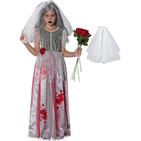 Halloween Girls Zombie Bride Dress with Veil Headband 4-14 Years