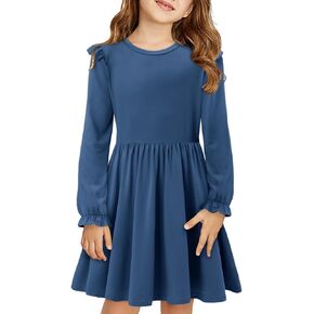 Yoklass Girls Long Sleeve Dress Casual A Line Ruffle Twirly Skater Dresses 4-13 Years