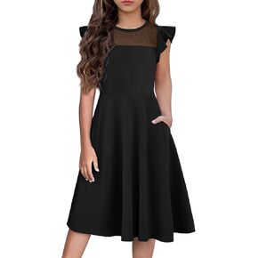 Girls Dresses Summer Formal Party Wedding Ruffle Sleeve Mesh A Line Dress with Pockets