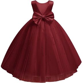 Flower Girl Dress for Wedding Pearls Tulle Dress Kids Princess Communion Pageant Ankle Length Dresses with Bow-Knot