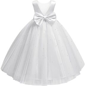Flower Girl Dress for Wedding Pearls Tulle Dress Kids Princess Communion Pageant Ankle Length Dresses with Bow-Knot