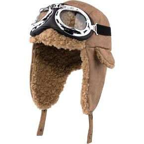 Peicees Aviator Hat and Goggles for Adult Kids Vintage Pilot Hat Costume Winter Trapper Hat with Fur Ear Flaps Fleece Lined