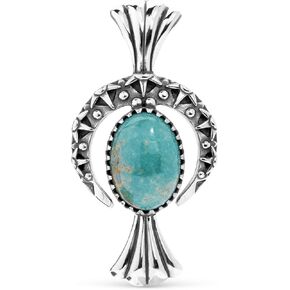 American West Jewelry Sterling Silver Women’s Pendant Enhancer Green Turquoise Gemstone Squash Blossom & Naja Crescent Moon Design
