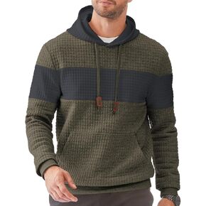 Men's Casual Sweatshirts Hooded Long Sleeve Waffle Drawstring Color Block Sweaters with Pockets in Kuwait