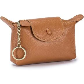 Women's Leather Coin Purse with KeyChain, Small Leather Pouch with Zipper for Women Fashionable Wallet Leather Classic Money Bag (Brown)