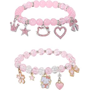 2PCS Kawaii لطيف كيتي أساور مجموعة الوردي القلب القوس الخماسي تاج سحر الصداقة أساور كريستال الخرزة أساور مرنة عيد ميلاد عيد الميلاد مجوهرات هدية للنساء BFF in Kuwait