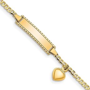14K Solid Yellow Gold Heart Love Dangling Curb Link Name Bar Identification ID Bracelet