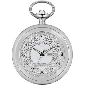 BOSHIYA Men's Hollow Quartz Pocket Watch Classic Arabic Digital Luminous dial & Date Pocket Watch with Chain Christmas Graduation Birthday Gift
