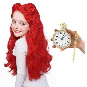 FantaLook Long Red Wig with 3.7 Inches Diameter Plastic Pocket Watch Prop Set for Halloween Party