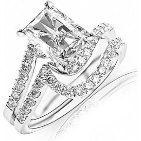 14K White Gold 2.75 Carat LAB GROWN DIAMOND Curving Pave & Prong-set Round Radiant Cut Diamond Engagement Ring and Wedding Band Set (E-F Color VS2-SI1 Clarity 2 Ct Center)