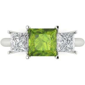 Clara Pucci 2.94ct Princess Cut 3 Stone Solitaire Vivid Green Peridot Designer Wedding Bridal art deco Anniversary Ring 14k White Gold