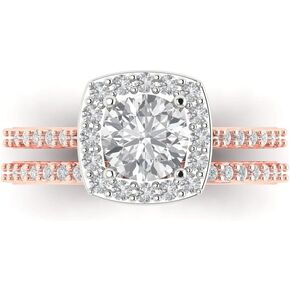 1.58 Carat Round Cut Clear VVS1 Ideal Zircon 14k Rose White Gold Halo W/Accents Wedding Bridal Anniversary Ring Band Set