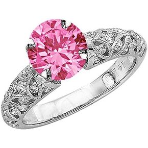 1.23 Carat t.w 14K White Gold Vintage Style Channel Set Filigree Diamond Engagement Ring w/a 0.75 Carat Round Cut Pink Sapphire Heirloom Quality