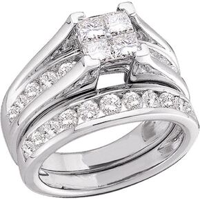 10K White Gold Princess and Round Cut Diamond Bridal Engagement Ring and Matching Wedding Band Two 2 Ring Set - Bridge Setting Invisible Set Square Princess Shape Center Setting with Channel Set Side Stones - (1/2 cttw.)