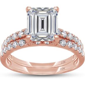 SAVEARTH DIAMONDS Emerald & Round Lab Created Moissanite Diamond Solitaire Bridal Set Wedding Ring In 10K Or 14K Solid Gold (VVS1 Clarity, 2.33 Cttw)
