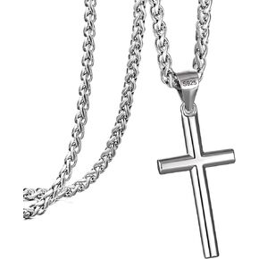 murtoo 925 Sterling Silver Cross Necklce for Men, Cross Pendant Necklace with Stainless Steel Curb Chain Wheat Chain Twisted Rope Chain, Silver Cross Chain Necklace for Men Women