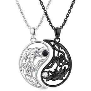 Sterling Silver Couple Wolf Necklace for Women Men Yin Yang Wolf Matching Necklace for 2 Wolf Jewelry Birthday Gifts