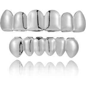 Grillz 14K Plated Gold Grills for Teeth Men 6-8 Teeth Caps Top Bottom Set Mens Mouth Dental Grillz Teeth Vampire Fangs