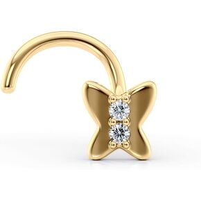 Lavari Jewelers 20 Gauge Curved Screw Butterfly Nose Stud for Women - 14k Yellow Gold Cubic Zirconia Nose Ring - Unisex Stud Hypoallergenic Nostril Piercing Jewelry - 20G Body Piercing for Men
