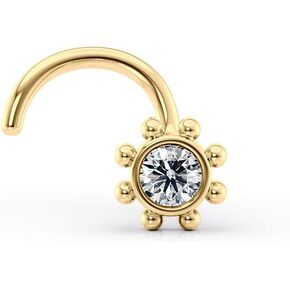 Lavari Jewelers 20 Gauge Curved Screw Flower Sun Halo Nose Stud for Women - 14k Yellow Gold Cubic Zirconia Nose Ring - Unisex Stud Hypoallergenic Nostril Piercing Jewelry - 20G Body Piercing for Men