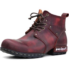 Men’s Motorcycle Boots, Casual Hard Wide Round Toe Cowboy Boots, Fashion Riding Leather Boots For Men Lace Up,Men Combat Boots Cowhide Vintage red