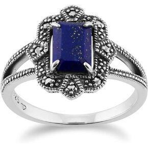 Gemondo USA Sterling Silver 925 7x5mm Octagon Lapis Lazuli & Marcasite Art Deco Inspired Statement Ring
