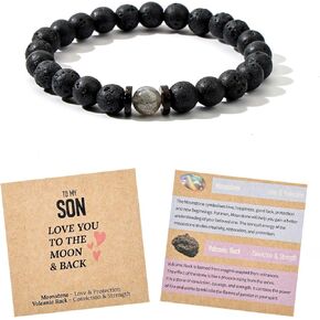 Birthday Gifts for Son from Mom - Lava Rock & Moonstone Bracelet with Card in Gift Box - Christmas Gifts for Teen Boys and Young Men