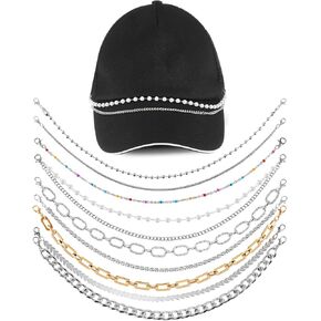 Quelay 9 Pcs Trucker Hat Chains Trucker Hat Charms DIY Pearl Metal Chains Mesh Baseball Hat Accessories Decoration