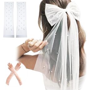 Pearl Bridal Bow-Knot Veil and Wedding Gloves Set, White Pearl Hair Clip Tulle Bachelorette Party Hair Accessories and Sheer Silk Tulle Brides Fingerless Gloves