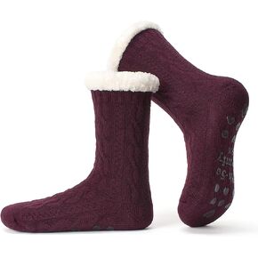 Women's Knit Slipper Socks with Non-slip Grippers, Warm Fuzzy Fluffy Sherpa Lined, Cozy Christmas Gifts