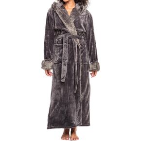 Alexander Del Rossa Women's Faux Fur Feather Hooded Robe, Soft Plush Fleece Bathrobe with Hood