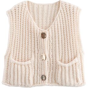 Wyeysyt Womens Sleeveless Crop Knit Cardigan Casual Button Down Cropped Knitted Sweater Vest with Pockets