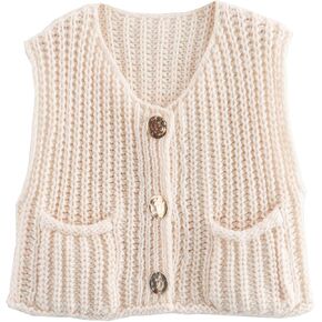 Womens Crochet Knit Top Sleeveless Button Down Crop Top Open Front Sweater Cardigan Vest with Pockets