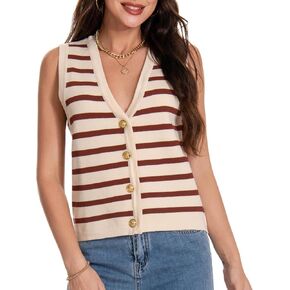 Women's V Neck Sleeveless Button Up Cardigan Knit Sweater Vests Striped Tank Tops