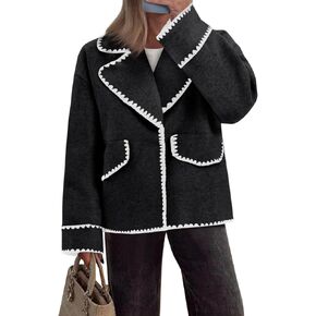 Cicy Bell Womens Cropped Pea Coat Embroidered Contrast Trims Short Wool Blend Blazer Jacket with Pockets