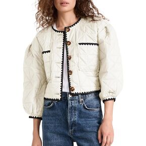 Tankaneo Womens Cropped Quilted Jacket Winter Lightweight Puff 3/4 Sleeve Button Down Contrast Trim Coat