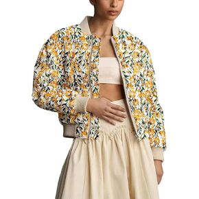 Shiyifa Women's Embroidered Daisy Cropped Bomber Jacket Long Sleeve Zipper Down Cotton Padded Coat Outerwear