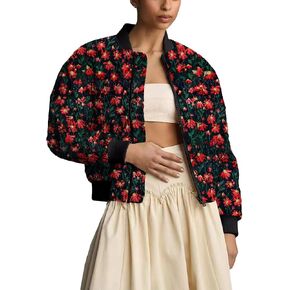 Shiyifa Women's Embroidered Daisy Cropped Bomber Jacket Long Sleeve Zipper Down Cotton Padded Coat Outerwear in Kuwait